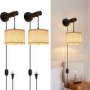 Plug in Wall Sconces Set of 2, Farmhouse Wall Lamp with 5.9FT Plug in Cord, Dimmable Hanging Wall Lighting with Fabric Shade, Adjustable Wall Mount Lights for Bedroom Living Room, Wooden Arm (8.6 Inch-2 Pack)