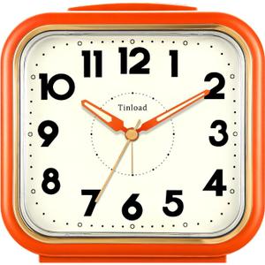 5.5" Large Analog Alarm Clock  Silent Non Ticking  Gentle Wake  Beep Sounds  Increasing Volume  Battery Operated Snooze and Manual Light  Retro Orange