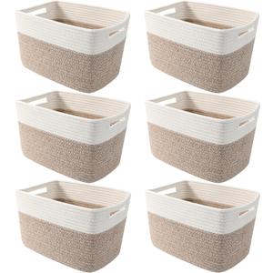 6 Pack Woven Rope Baskets,12.6"9"7.8" Storage Bins for Toys/Books/Towels/Clothes Organizer & Shelf Boxes,Gifts Baskets Empty for Nursery/Living Room/Nursery/Bedroom/Home Decor,White&Brown