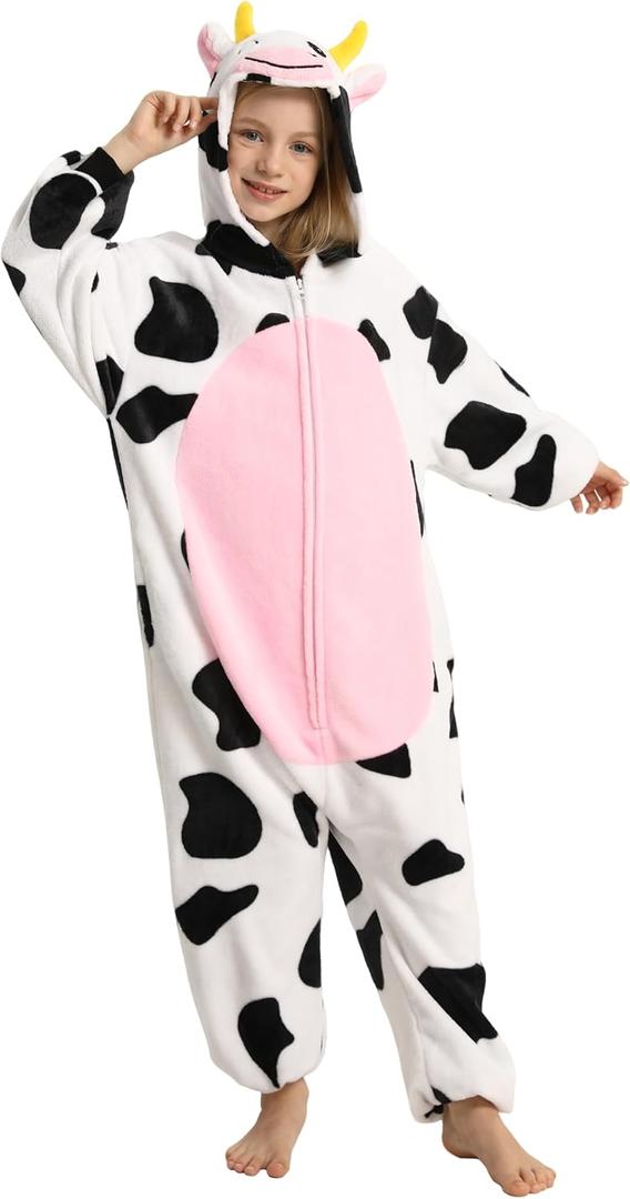 LONULAIN Unisex Kids Animal Oneise Pajamas, Boys Girls Flannel Hooded Halloween Cosplay Costume/Homewear/Sleepwear (3-4T, Cow)