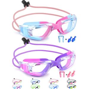 Vvinca Goggles for Kids 6-14 with Bungee Strap 2pc, Toddler Kids Swim Goggles for Swimming 8-12 No Hair Pulling for Boys Girl, One Size