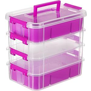 JUXYES 4-Tiers Stack Carry Storage Box With 2 Divided Tray, Transparent Stackable Storage Bin With Handle Lid Latching Storage Container for School & Office Supplies, Purple