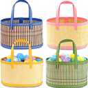 4Pcs Foldable Easter Woven Bamboo Baskets Empty, Oval Easter Basket Bulk Set with Handle, Large Easter Baskets for Easter Egg Hunt Party Favor Picnic Supplies Gift Packing - Pink Yellow Green Blue