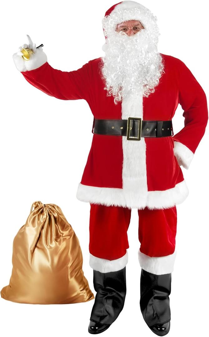 WeGuard Santa Claus Costume for Men 11pcs Set Adult Santa Suit Christmas Deluxe Velvet Xmas Cosplay Holiday Outfit, XL