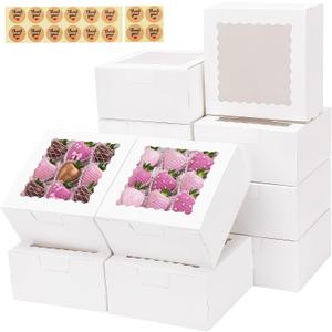 TOMNK 16pcs Cookie Boxes with Window, 6x6x3 Inches Bakery Boxes for Treats, Chocolate Covered Strawberries, Cupcake, Pastry, for Mother's Day Gifting(with Stickers)