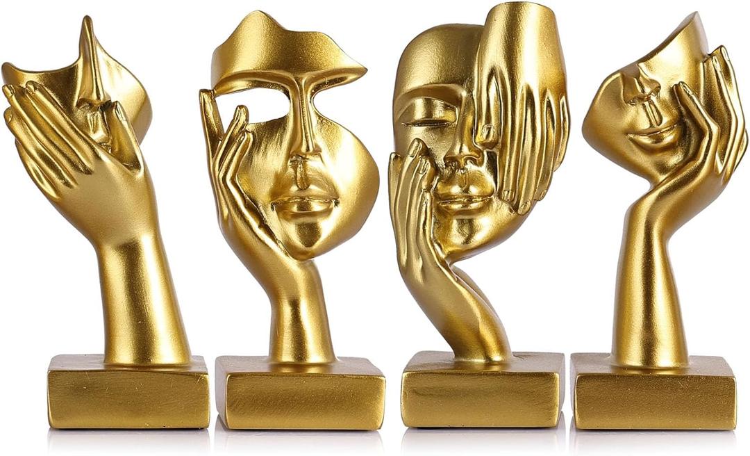 Mini Abstract Thinker Figurine Set of 4,Modern Home Art Face Small Statue for Accents Decor Women Bedroom Floating Shelf Bookcase Room Desk,TV Stand,Coffee Table,Bookshelf ,for Women Art Decor (Gold)