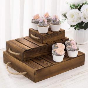 MyGift Burnt Wood Rustic Cake Stand Risers for Display, Wooden Pallets Style Tiered Dessert Stand, Cupcake Display Boxes with Rope Handles, Set of 3
