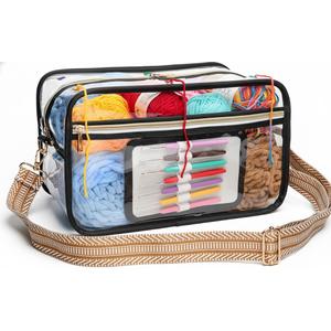 SIHEJA Crochet Bag - Transparent Yarn Storage - Yarn & Crochet Accessories Organizer, Gifts - Black & Striped Jacquard Shoulder Straps