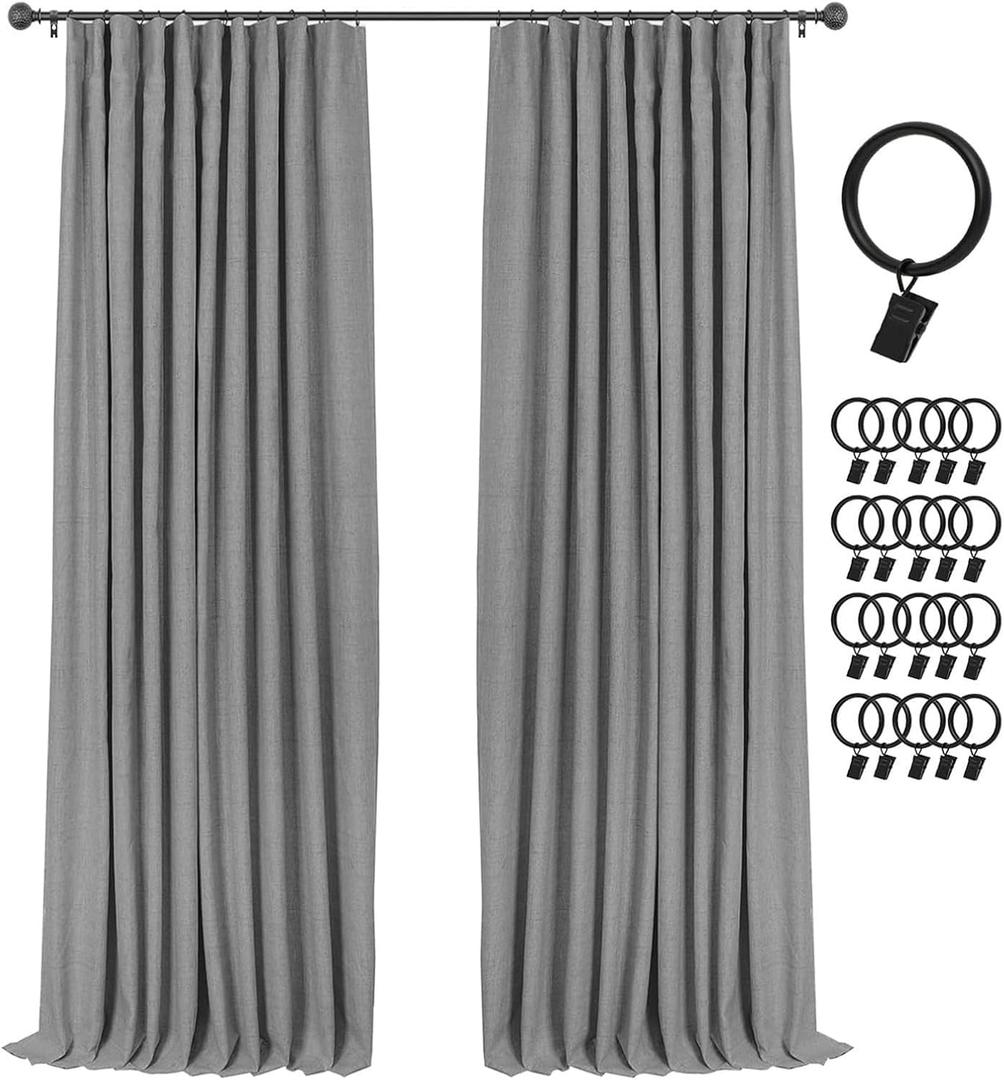 INOVADAY 100% Blackout Curtains for Bedroom, Black Out Curtains 84 Inch Long, Clip Rings Linen Blackout Drapes, Thermal Insulated Room Darkening for Living Room, 2 Panels - Dark Grey,W50xL84