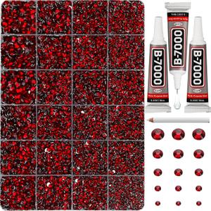 30000Pcs Resin Rhinestones Set for Crafting Bedazzling, Maroon Dark Red Burgundy Flatback Gems Jewels for Crafts Clothes Shoes Fabric Outfit Nails Makeup, Flat Back Crystal 2-6mm with b 7000 Glue (Large Pack + 3Pcs Glue)