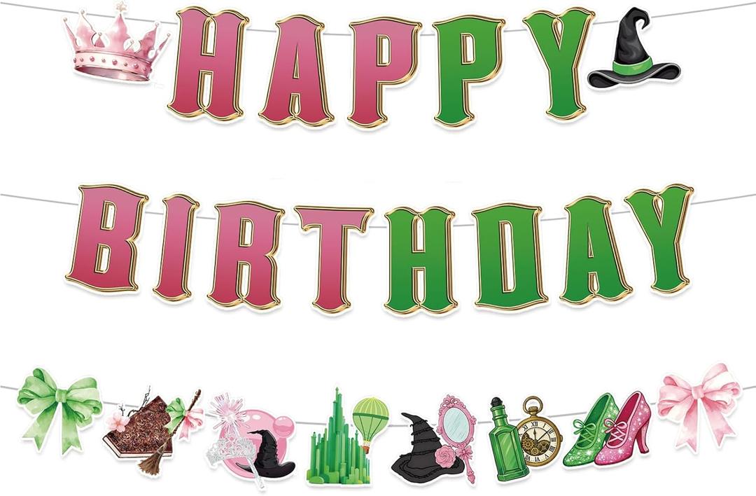 3pcs Pre-Strung Wicked Happy Birthday Banner Pink and Green Paper Garland for Witch Theme Party Decorations