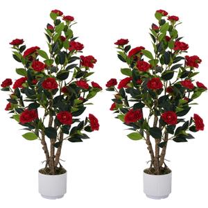 2 Pack Artificial Camellia Tree with White Pot, 38" Faux Potted Plants for Indoor Outdoor Decor, Tall Silk Greenery Plant for Home Offce Living Room Balcony,White, Red
