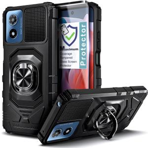 Designed for Motorola Moto G Play 2024 Case, Black | Full-Body Protective [Military-Grade] Ring Holder Phone Cover with Tempered Glass Screen Protector
