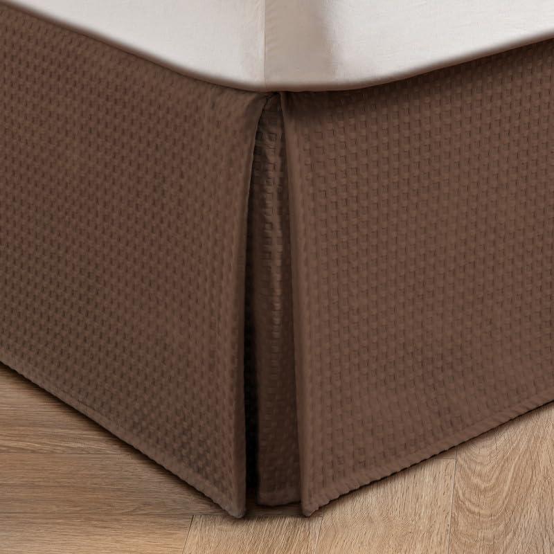 MIYE Pleated Waffle Weave Bed Skirt, Tailored Dust Ruffle 18 Inch Drop Easy Fit, Machine Washable (Brown, Queen - 18" Drop)