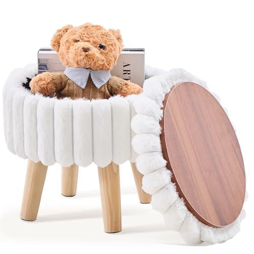 Wimarsbon Storage Ottoman, Modern Round Footrest with Soft Padded Seat, Teddy Velvet Footstool with Wood Legs, Accent Small Table or Plant Stand for Hallway, Living Room (White)