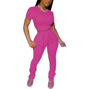 PINSV Women's 2 Piece Outfits Bodycon Lounge Wear Crop Top Stacked Pants Going Out Jogging Tracksuit Sets (L)
