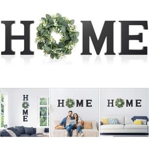 Wooden Home Letters with Wreath Artificial Eucalyptus Modern Decorative Hanging Farmhouse Sign for Living Room & Kitchen - Housewarming & Couple Gifts - Christmas Decoration (Black)