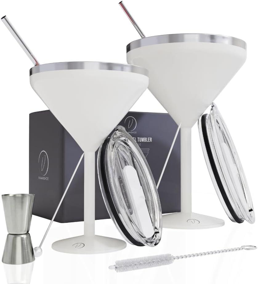 Insulated Martini Glass Set of 2 8 oz Stainless Steel Unbreakable Cocktail Glasses, Stemless Double Wall Cups with Lids, Straws & Picks - Wedding Gift for Newlyweds, Engagement - CREAM