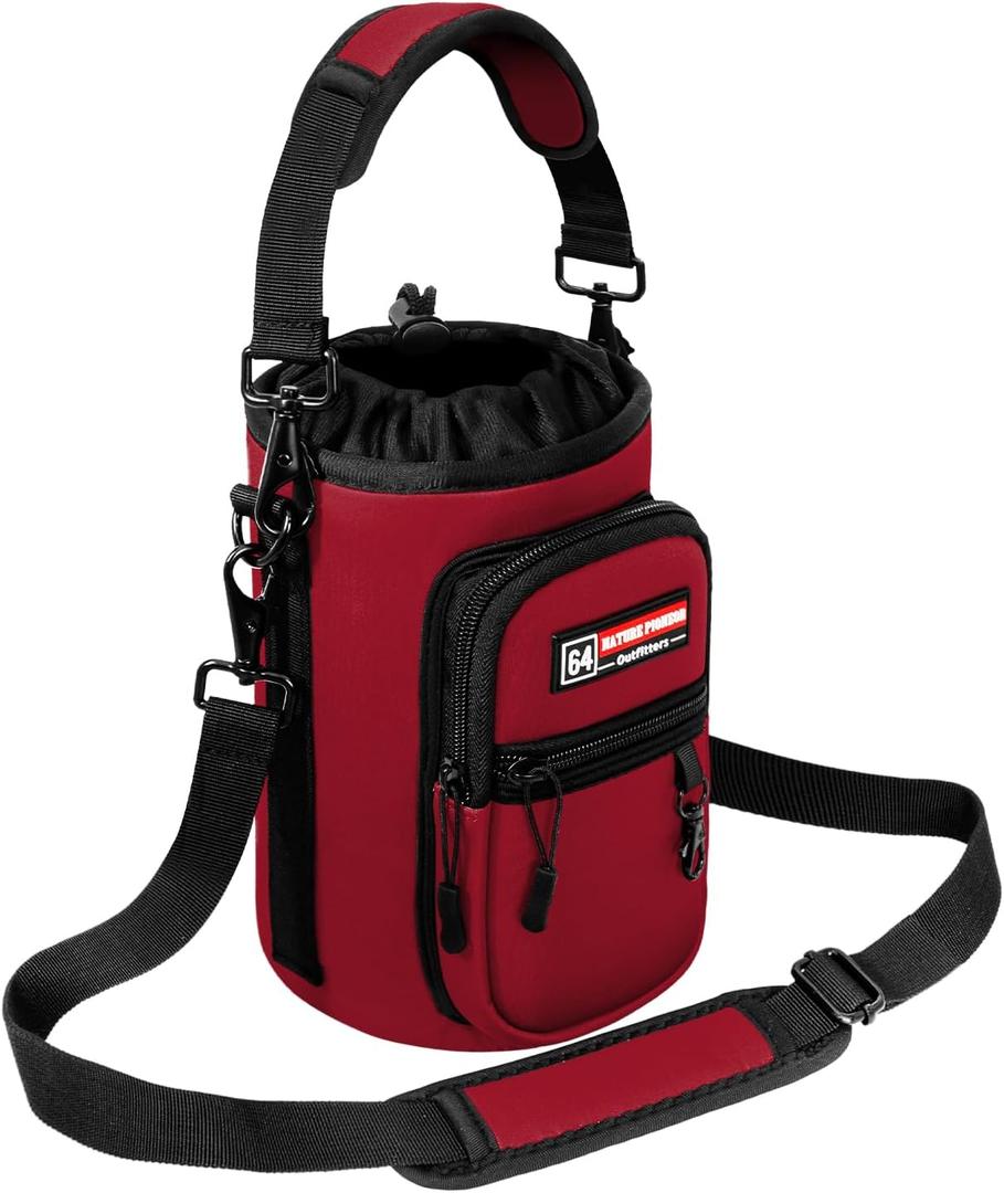 NATURE PIONEOR Water Bottle Holder with Strap,Water Bottle Carrier Bag Sling Sleeve with Adjustable Shoulder Strap & Handle and Large Phone Pocket for Walking,Hiking,Travelling for 25oz/32oz/40oz/64oz (Magenta Red)