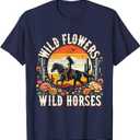 Sunset Cowgirl Riding Horse Wild Flowers - Wild Horses T-Shirt (Small, Black)