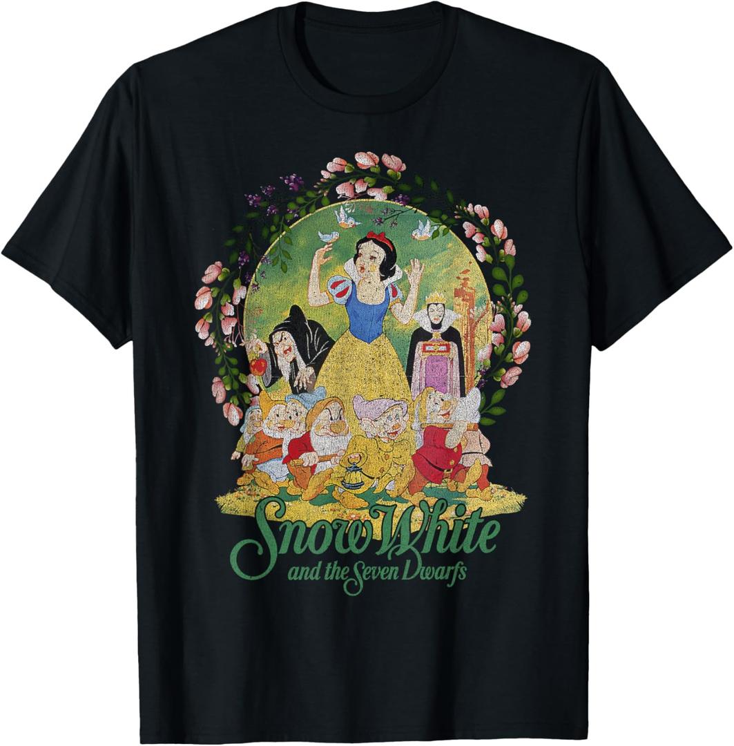 Disney Snow White Group Shot Classic Poster Floral Wreath T-Shirt (Black, Medium)