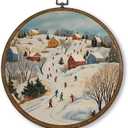Qskjre Vintage Winter Town Ski Scene Wall Art Decor, Village Christmas Round Wood Framed Canvas Wall Artwork, Farmhouse Hanging Prints for Ski Lodge Bedroom Gallery Decorations, 10x10inch
