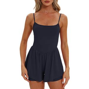 Beaully Women's Summer Sleeveless Athletic Rompers Spaghetti Strap Double Lined Shorts Jumpsuit One Piece Outfits (Blue, S)