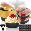 10oz Mini Cake Pans With Lids 50 Pack Aluminum Foil Square Brownie Baking Cups, Disposable Loaf Pans With Lids and Spoons Stickers, Large Cupcake Pans Muffin Tins Cake Container(Black)