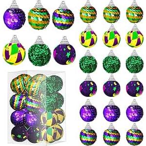 Lenwen 24 Pcs Mardi Gras Ball Ornaments for Tree Mardi Gras Tree Decorations Mardi Gras Fabric Wrapped Ball Sequin Ball for Carnival Party Decor