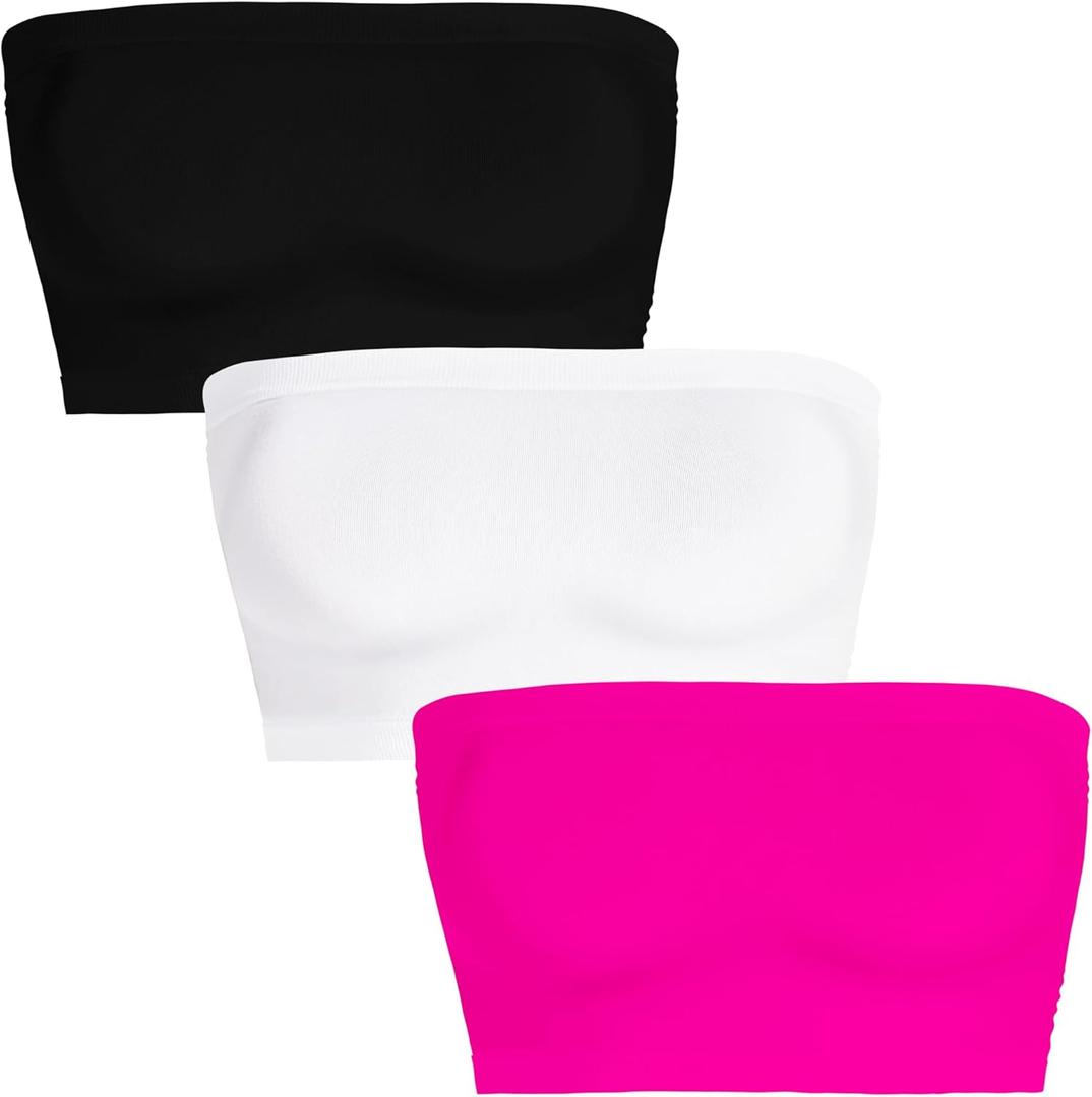 Womens Tube Tops Summer Bandeau Casual Crop Top Going Out Strapless Tank Basic Short Shirt (One Size-Small, 3 Pieces Black,white,neon Pink)