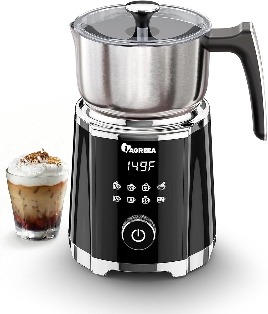 IAGREEA 8 in 1 Large Electric Milk Frother, 21oz/ 600ml Detachable Frother Steamer, Automatic Hot & Cold Foam Maker for Latte, Cappuccino, Hot Chocolate, Matcha, Dishwasher Safe, Stainless Steel Jug