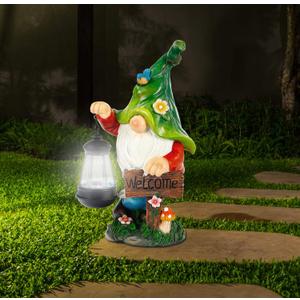 Garden Gnome Statue, Resin Figurine with Bright Solar Lantern Lights and Welcome Sign, Outdoor Solar-Powered Illumination Yard Art Decorations for Indoor Outdoor Patio Lawn Garden Room