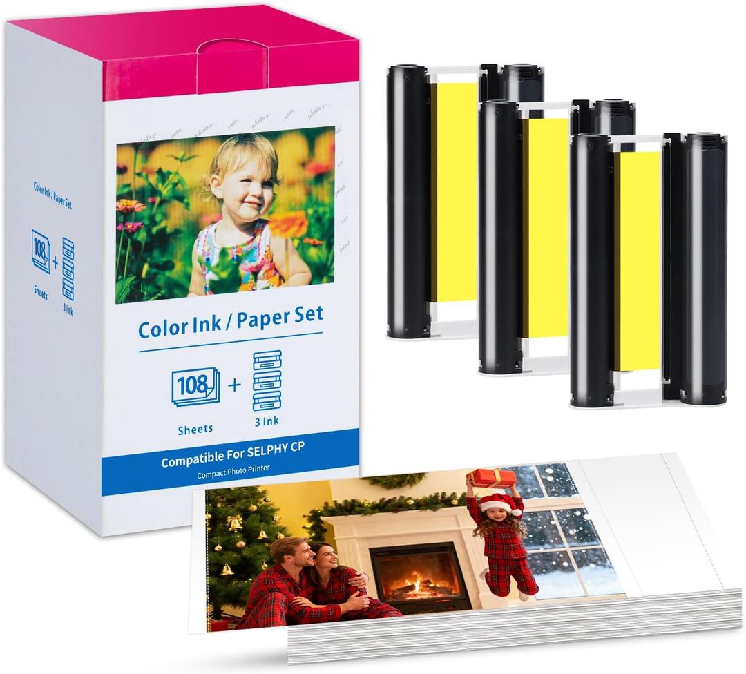 Compatible for Canon Selphy CP1500 CP1300 Ink and Paper for Canon Photo Paper 4x6 Inch Color Ink and Paper Set(3 Ink + 108 Sheets Glossy KP-108in Photo Paper)for Selphy CP1200 CP1000 CP910 CP900 CP810