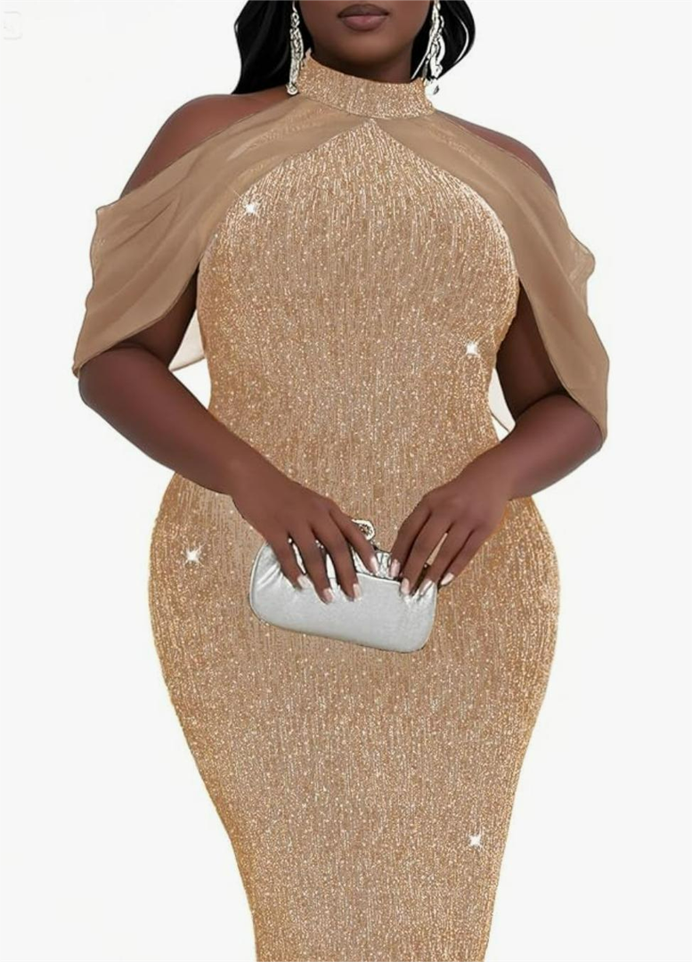 CYCLAMEN Plus Size Sparkly Dress Rhinestone Knee Length Formal Cocktail Glitter Halter Neck Cape Bodycon Night Out, XL