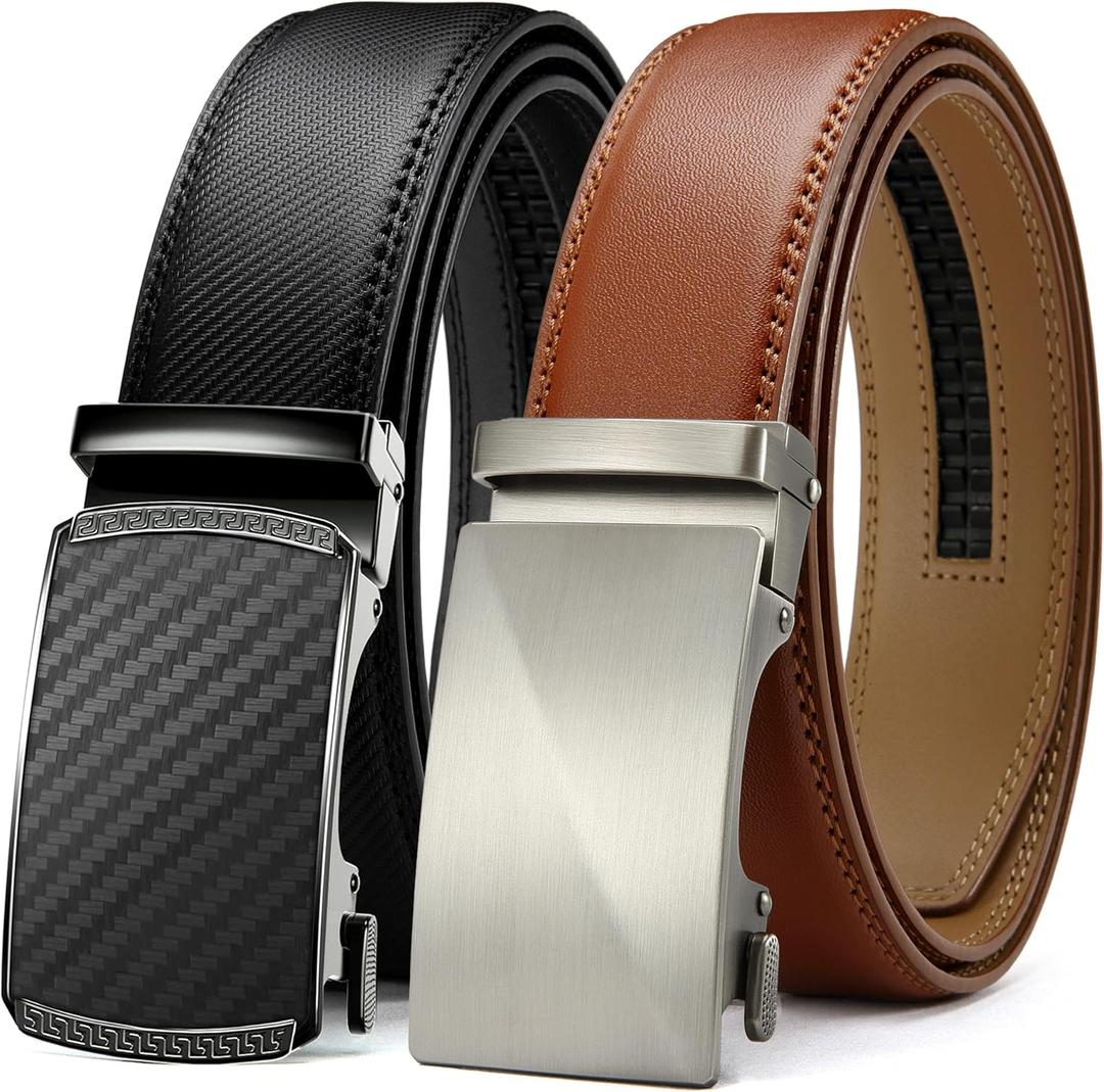 CHAOREN Leather Ratchet Belt Men 2 Pack - Customizable Fit, Effortless Style (35mm) (28" to 34" Waist Adjustable, Black - Carbon Fiber/Tan)