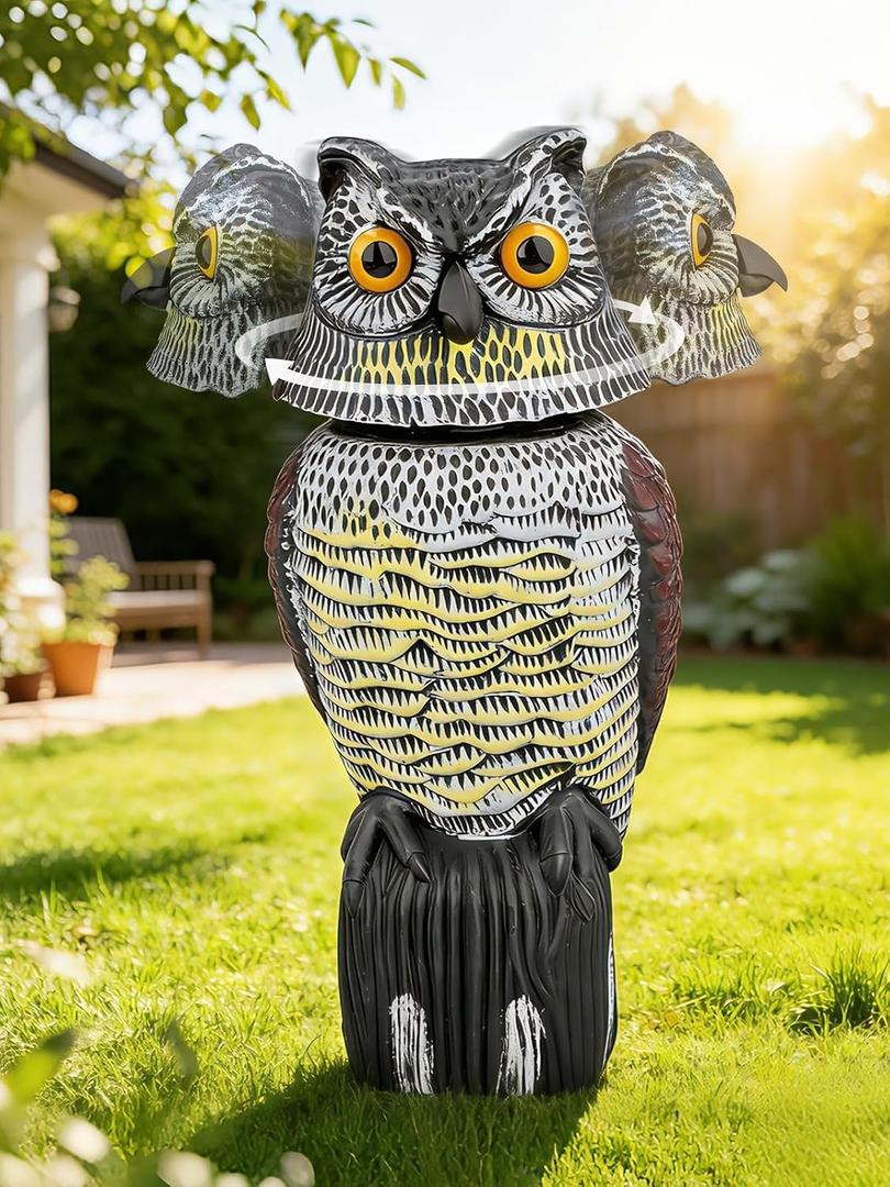 Garden Fake Owl Sculpture with 360° Rotating Head, Waterproof Moving Garden Owl, Outdoor Statue for Yard Patio Balcony Roof Barn Driveway (Medium)