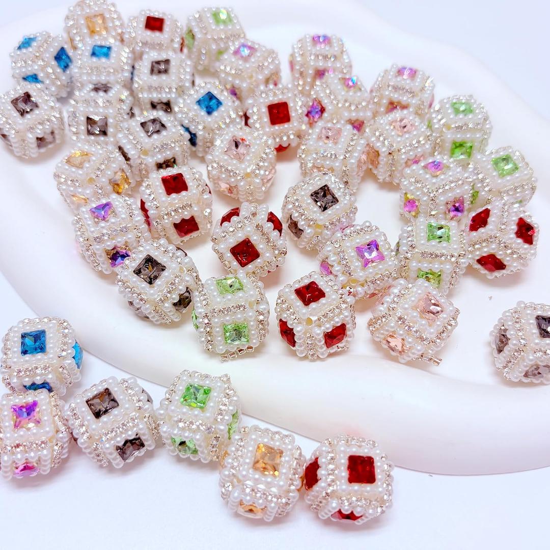 10pcs Rhinestone Focal Beads for Pens, Featuring Pearl & Cubic Sugar Shapes, Sparkling Fancy Beads for DIY Jewelry, Keychains & Crafts (Sugar Cube)
