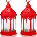 Glooglitter 2 Pack Christmas Lanterns with Warm White LED Lights 11 x 6 Inch Red Christmas Lantern Decor with Holly Berry Pine Hanging Xmas Candle Holder Indoor Outdoor Decorative Table Centerpieces