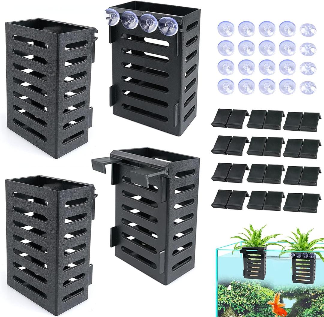 Aquarium Plant Holder 4 PCS Hanging Aquatic Plant Pot with 24 Hooks and 20 Suction Cups for Fish Tank Aquarium Planter and Aquascape Decorations (Black)