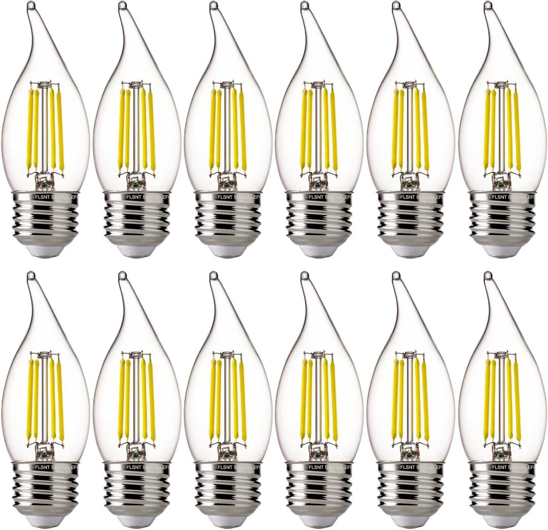 FLSNT LED Chandelier Edison Bulbs 5000K Daylight, 60W Equivalent, Dimmable CA11 E26 Base LED Candelabra Bulbs, 550LM, 12 Pack UL,CA65 Listed.