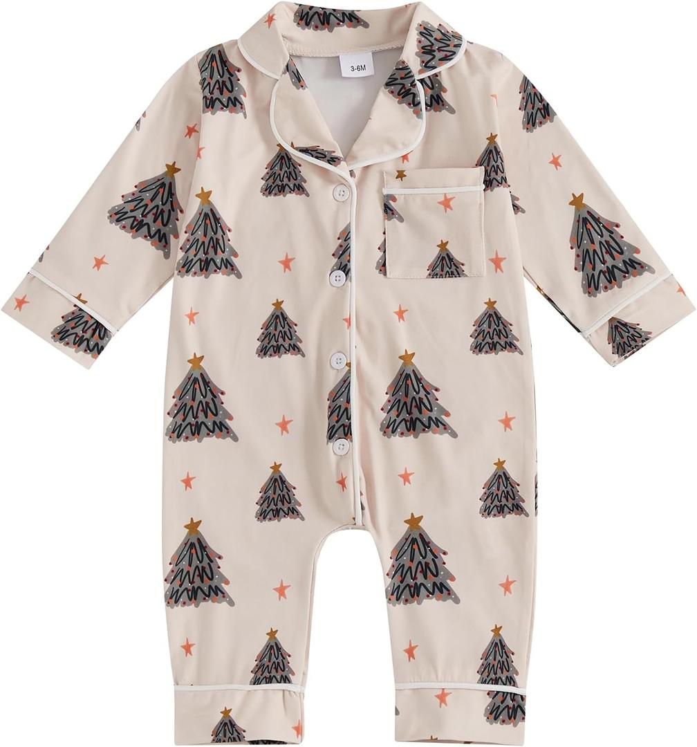 Balaflyie Baby Girl Button Down Pajamas Romper One-Piece Jumpsuit Long Sleeve Sleeper Infant Sleepwear (12-18 Months, Christmas Tree&cream)