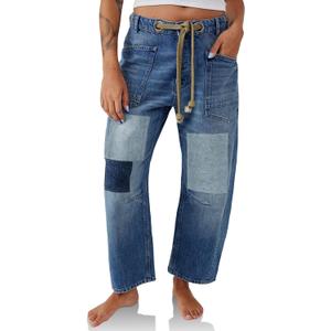 PLNOTME Womens Baggy Barrel Horseshoe Jeans Wide Leg Patchwork Low Rise Denim Pants with Pockets, Blue, 14