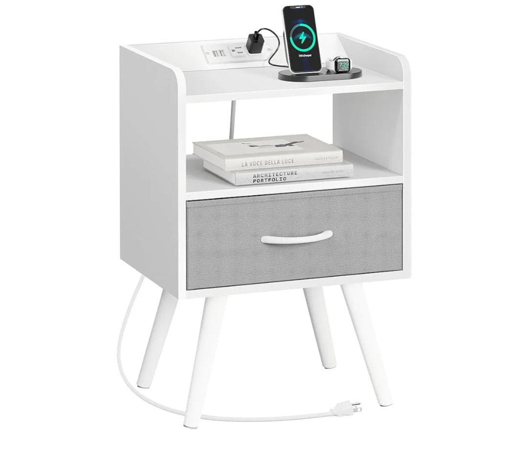 Bedside Table with Charger Station,  Black Drawers and Open Shelves, Bedside Table Black Solid Wood Legs, Bedroom Side Table Black