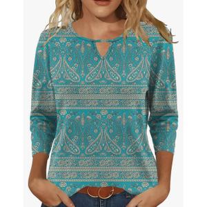 Romanstii 3/4 Length Sleeve Womens Tops Keyhole Crewneck Shirts Business Dressy Casual Tunic Blouses Summer Basic Tees Small