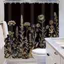Riyidecor Black Gold Floral Wildflower Shower Curtain for Bathroom Decor 72Wx72H Golden Flower Botanical Plants Boho Vintage Rustic Art Printed Fabric Polyester Waterproof Women Girl Girly