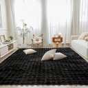 Black Rabbit Plush Rug 8'x10', Fluffy Faux Fur Shaggy Area Rug for Nursery, Kids Room Decor, Soft Fuzzy Carpet for Living Room, Bedroom, Teen Girls Room