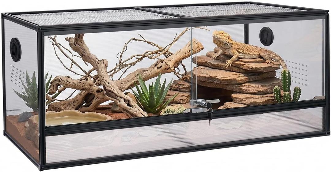 48x20x20'' Bearded Dragon Tank, 83 Gallon Reptile Terrarium, Aluminum Frame Reptile Enclosure with Lockable Sliding Glass Doors, 270 View & 304 Mesh Top
