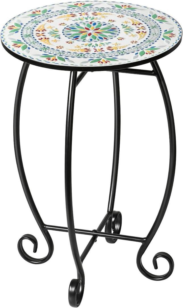 Side Table, 14" Round End Table, Unique Relief Ceramic Tile Tabletop with Metal Frame, Metal Scrollwork Accent Table, Coffee Tea Table Nightstand for Living Room, Bedroom, Indoor Outdoor Use (L4c1-natural Green)