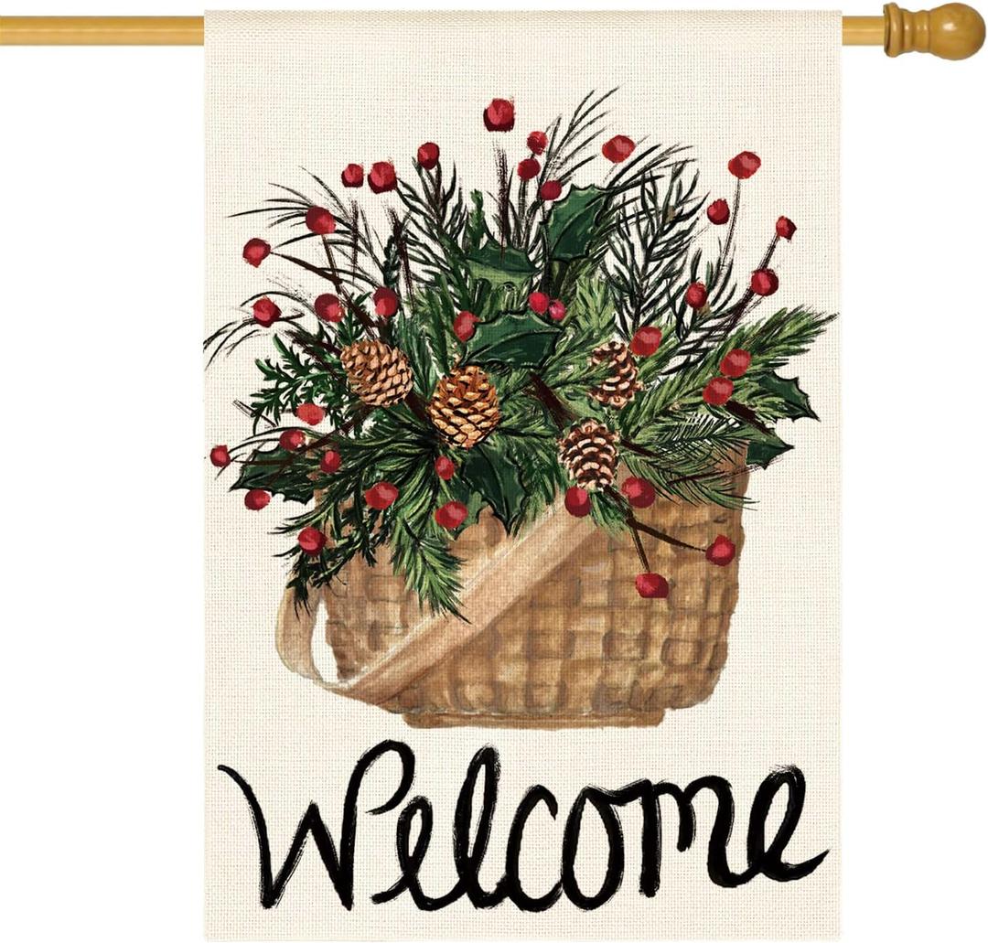 AVOIN colorlife Welcome Holly Red Berries House Flag 28x40 Inch Double Sided Outside, Winter Christmas Farmhouse Yard Outdoor Decorative Flag, | Red, House Size-28 x 40