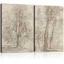 2pcs Framed Vintage Trees Canvas Landscape Sketch Wall Painting Plant Nature Picture Print Poster Rustic Nature Wabi Sabi Home Painting Bedroom Living Room Studio Decor 16x24 Inch Ready to Hang